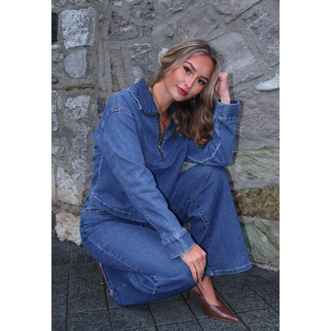Denim-Oberteil mit halbem Reißverschluss und Stehkragen in Blau