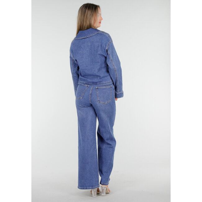 Denim-Oberteil mit halbem Reißverschluss und Stehkragen in Blau