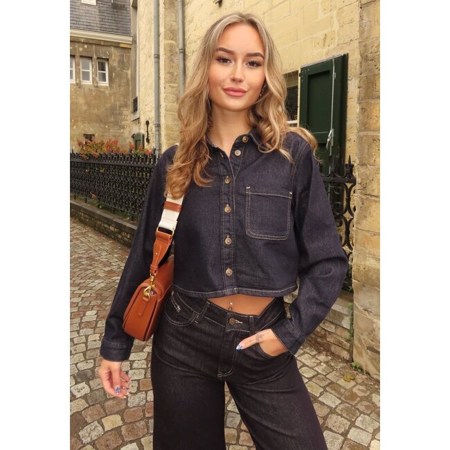 Cropped Denim Bluse in Dunkelblau mit langen Ärmeln