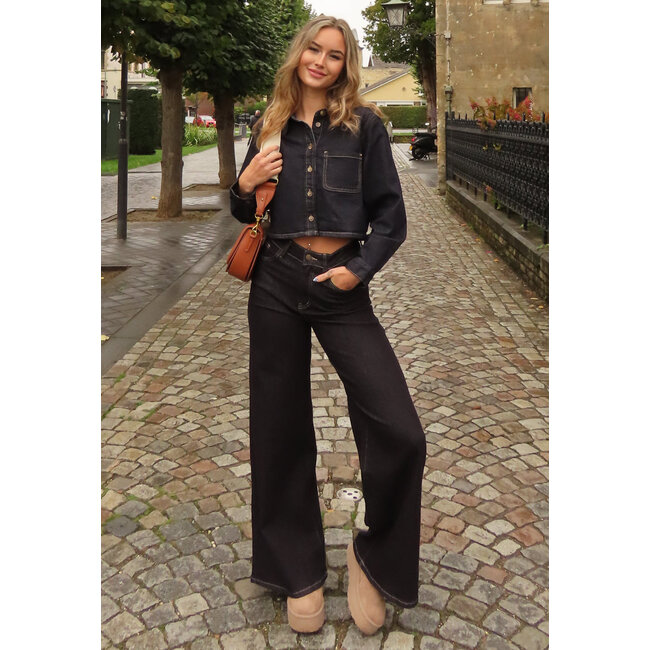 Cropped Denim Bluse in Dunkelblau mit langen Ärmeln