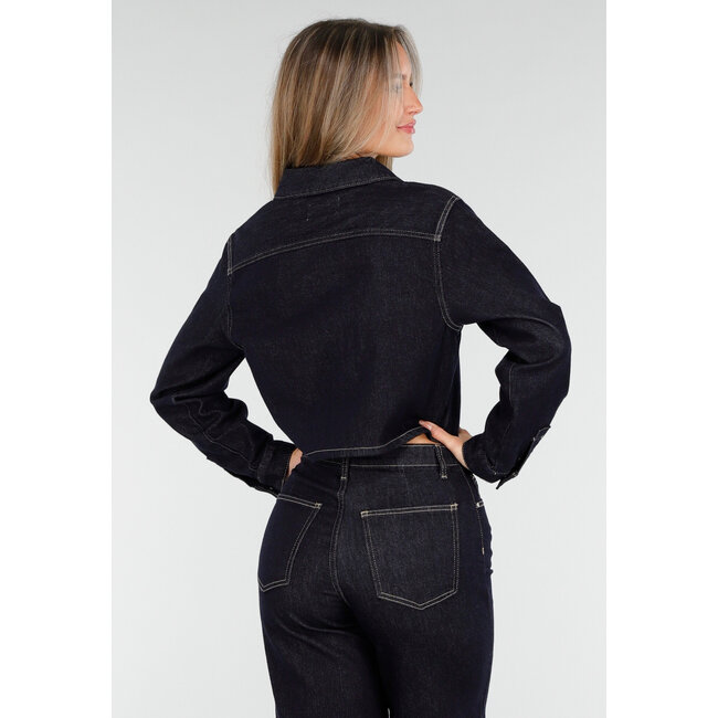 Cropped Denim Bluse in Dunkelblau mit langen Ärmeln