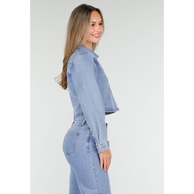 Cropped Denim Bluse in Hellblau mit langen Ärmeln