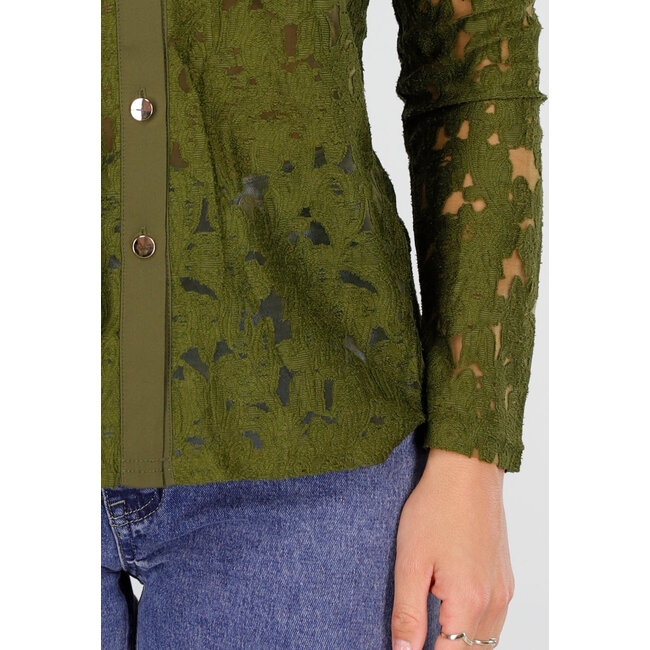 Grüne Spitzenbluse mit langen Ärmeln und Knopfverschluss