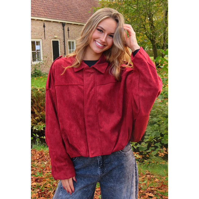 Bordeaux Suèdelook Jacke mit Reißverschluss und Knopfverschluss