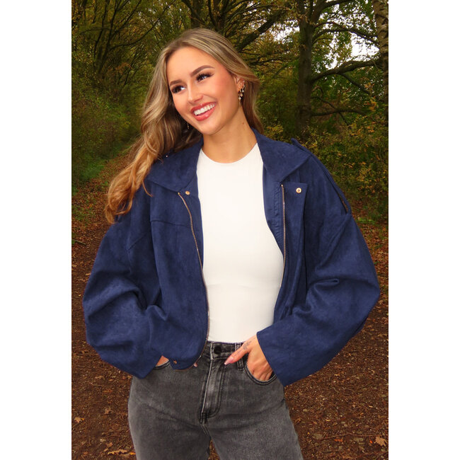 Dark Blue Suede Look Jacket with Zip and Button Closure
