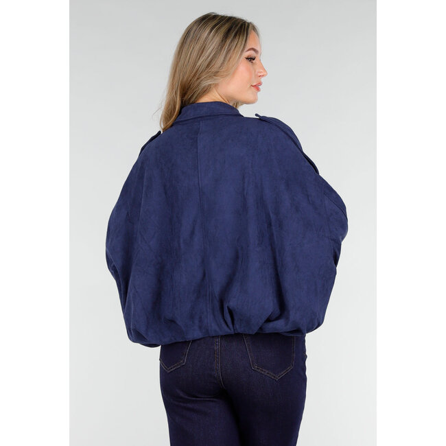 Dark Blue Suede Look Jacket with Zip and Button Closure