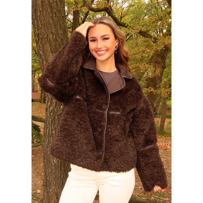 Dark Brown Teddy Jacket with Button Closure