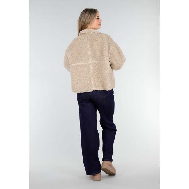 Beige Teddyjacke mit Stehkragen und Knopfverschluss