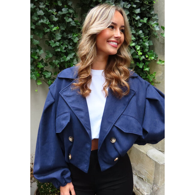 Navy Kurzer Wildledertrenchcoat mit Puffärmeln