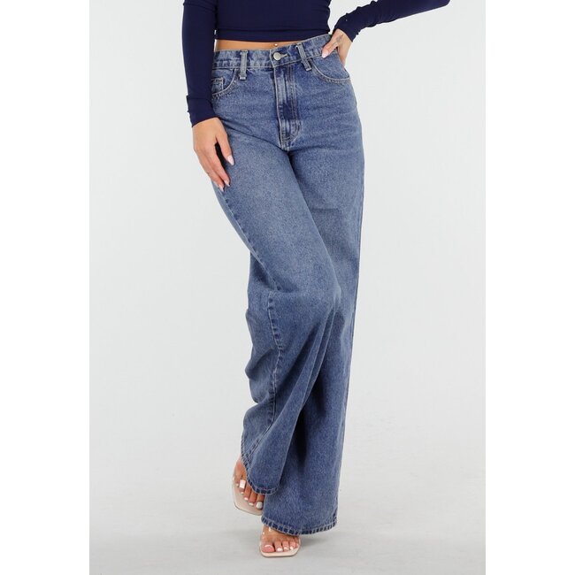 Dunkelblaue High Waist Wide Leg Jeans mit weiten Beinen