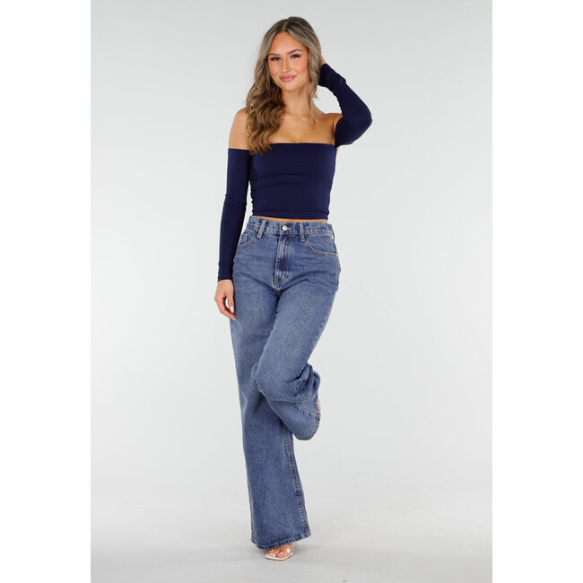 Dunkelblaue High Waist Wide Leg Jeans mit weiten Beinen