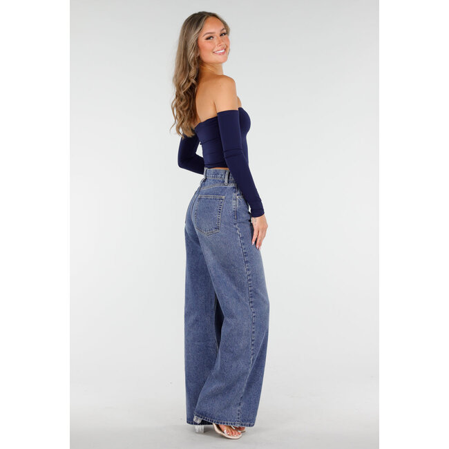 Dunkelblaue High Waist Wide Leg Jeans mit weiten Beinen