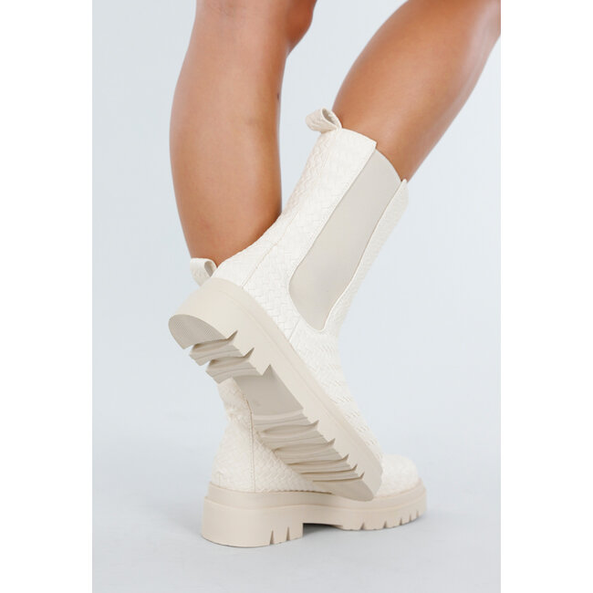Beigefarbene Chelsea Boots mit gewebten Details und klobiger Sohle