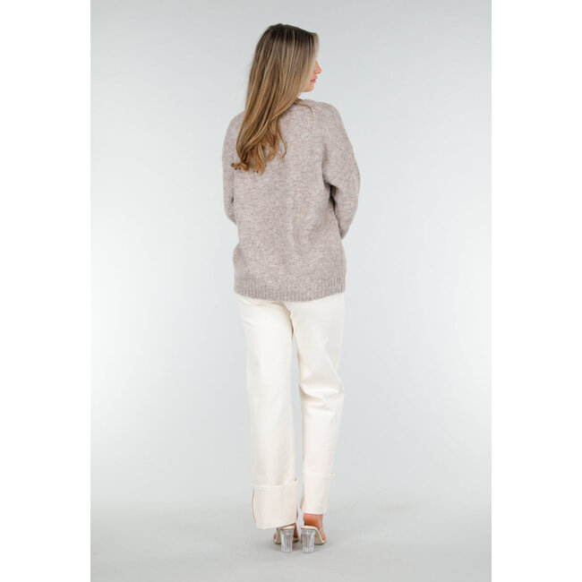 Beige Melange Pullover mit V-Ausschnitt und weicher, flauschiger Struktur