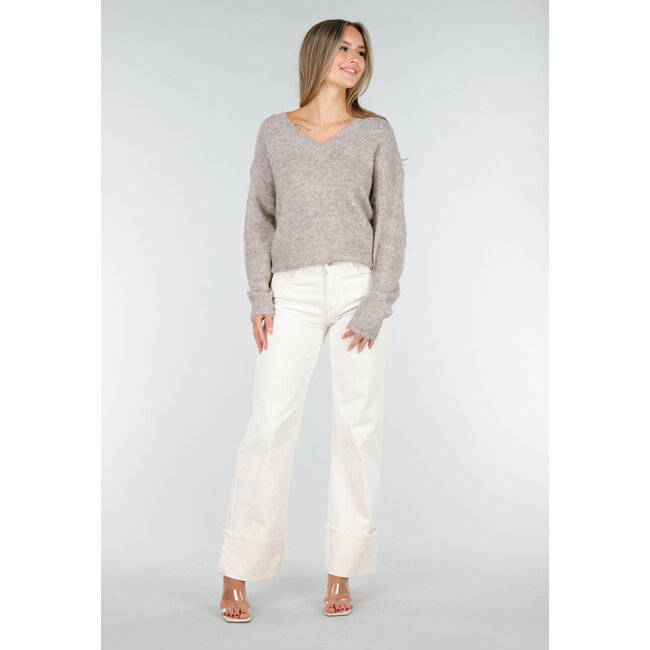 Beige Melange Pullover mit V-Ausschnitt und weicher, flauschiger Struktur