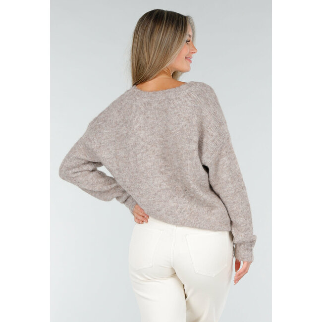 Beige Melange Pullover mit V-Ausschnitt und weicher, flauschiger Struktur