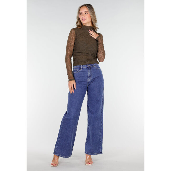 Khakifarbenes Top aus durchsichtiger Spitze mit Drapierungseffekt