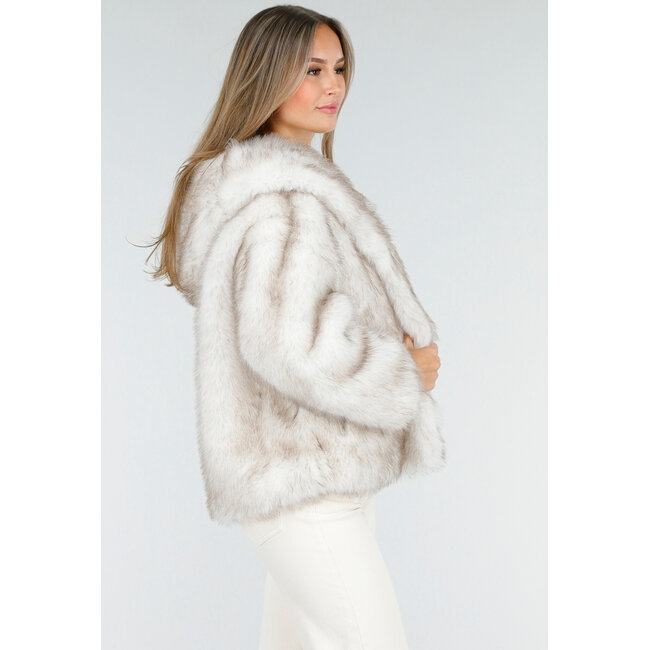 Beige Kunstfelljacke mit Kapuze