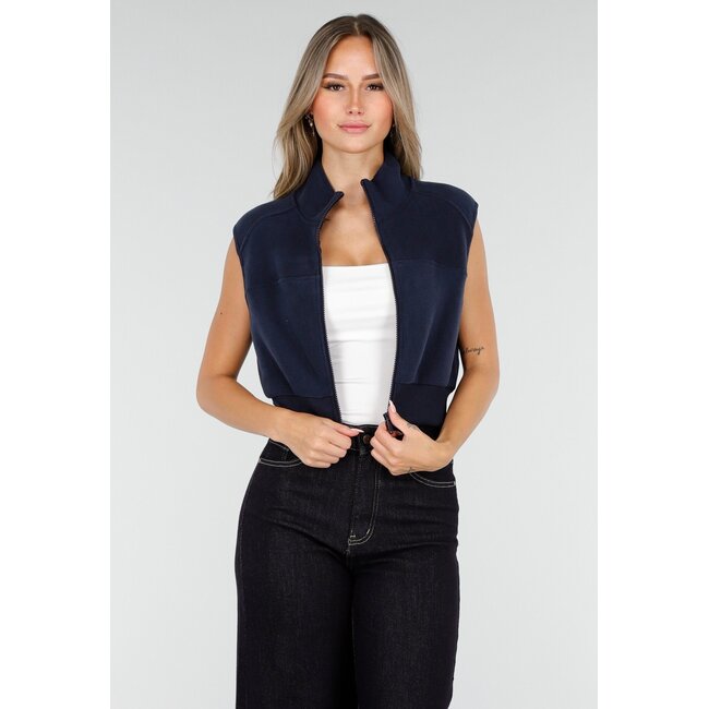 Sleeveless Cardigan in Dark Blue with High Collar