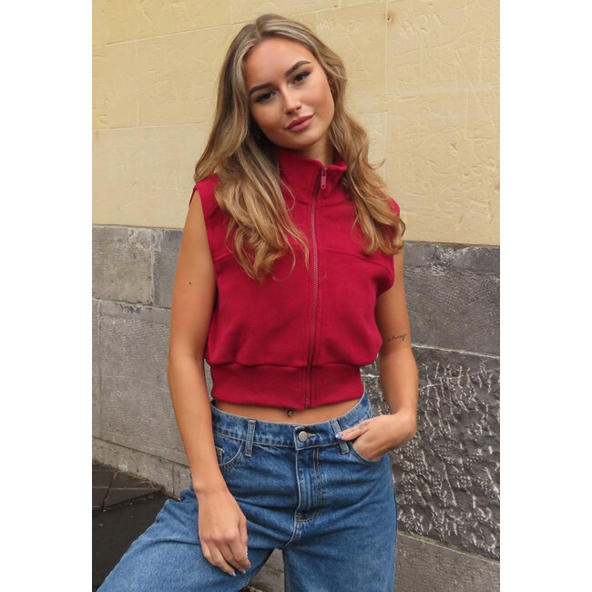 Ärmellose Strickjacke in Bordeaux mit hohem Kragen