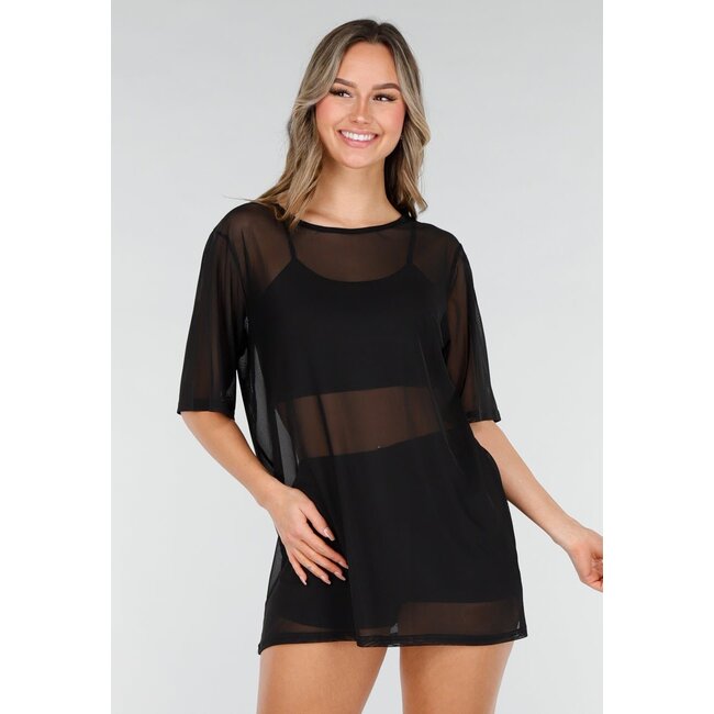 Schwarzes, durchsichtiges Cover-up-T-Shirt mit Stretch