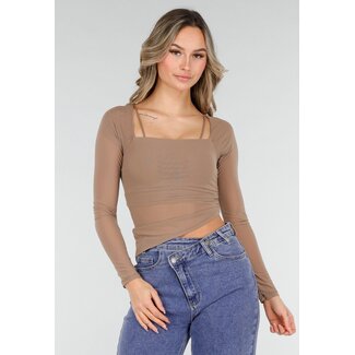 Braunes Mesh-Sporttop mit Polstern