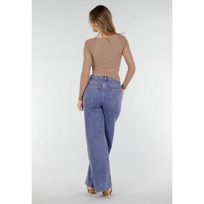 Braunes asymmetrisches Mesh-Oberteil mit langen Ärmeln und Polstern