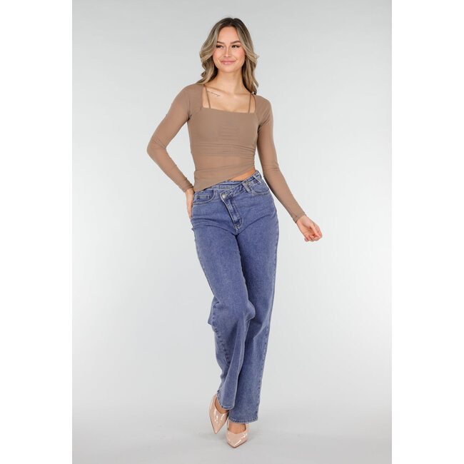 Braunes asymmetrisches Mesh-Oberteil mit langen Ärmeln und Polstern