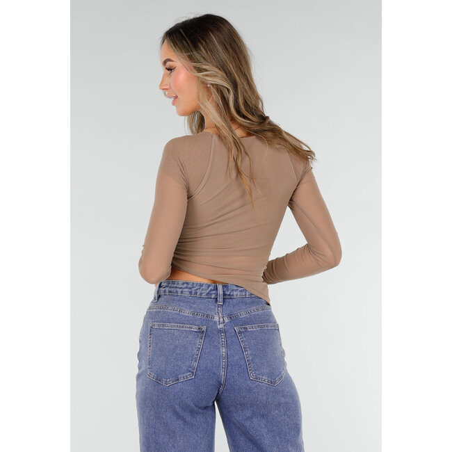 Braunes asymmetrisches Mesh-Oberteil mit langen Ärmeln und Polstern