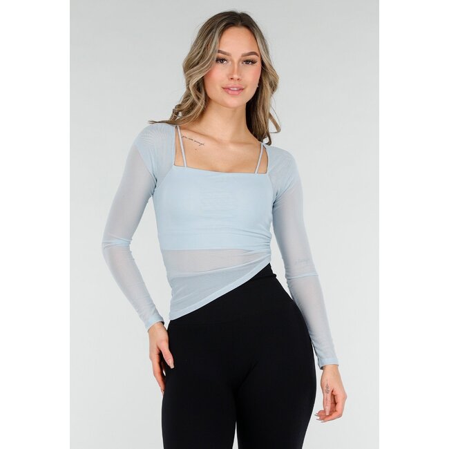 Hellblaues asymmetrisches Mesh-Oberteil mit langen Ärmeln und Polstern