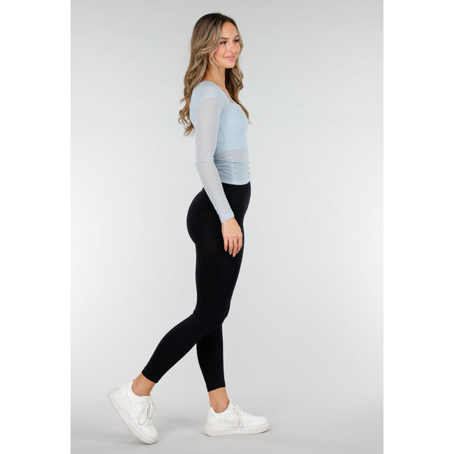 Hellblaues asymmetrisches Mesh-Oberteil mit langen Ärmeln und Polstern