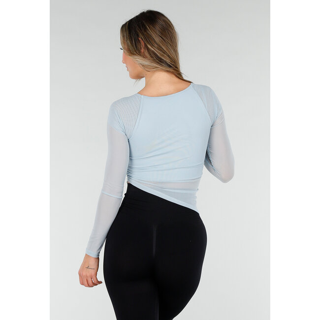 Hellblaues asymmetrisches Mesh-Oberteil mit langen Ärmeln und Polstern