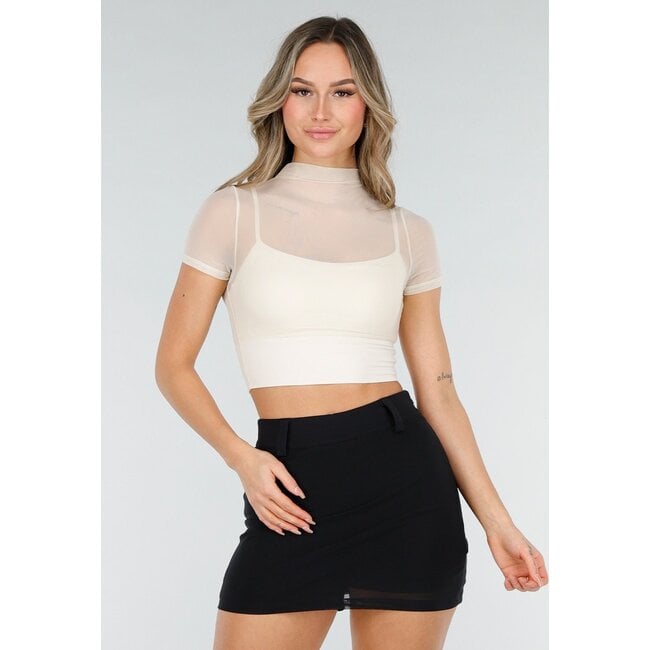 Beiges Mesh-Oberteil mit integrierten Polstern und Stretch