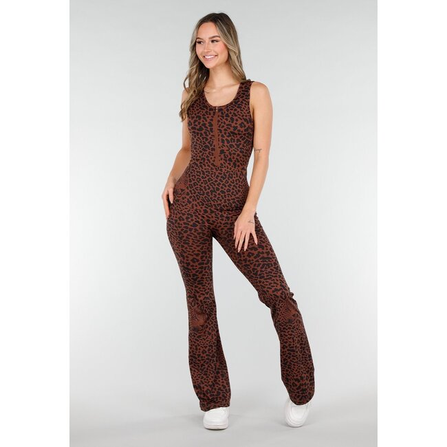 Brauner Leopard Sportjumpsuit mit offenem Rücken