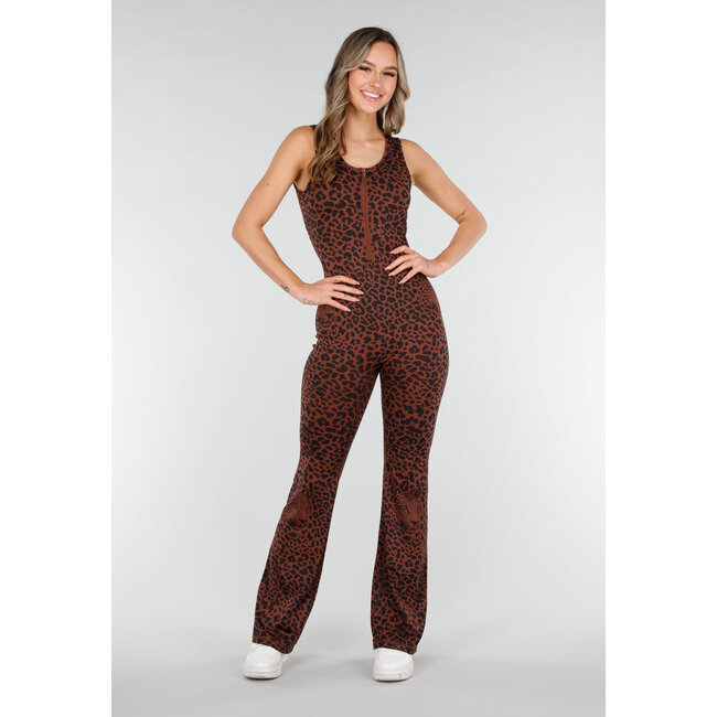 Brauner Leopard Sportjumpsuit mit offenem Rücken