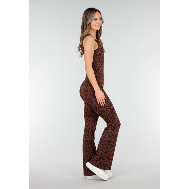 Brauner Leopard Sportjumpsuit mit offenem Rücken
