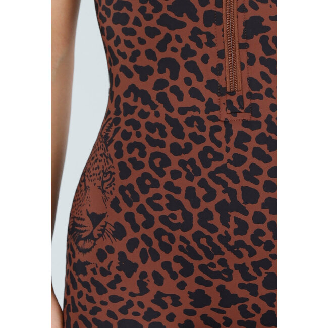 Brauner Leopard Sportjumpsuit mit offenem Rücken