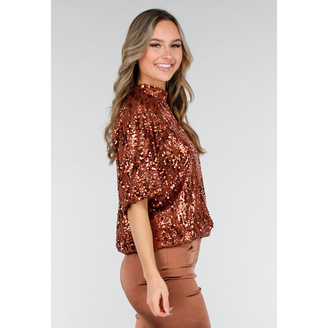 Bronzefarbenes Pailletten-Oberteil mit kurzen Ärmeln