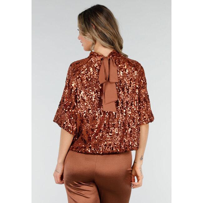 Bronzefarbenes Pailletten-Oberteil mit kurzen Ärmeln