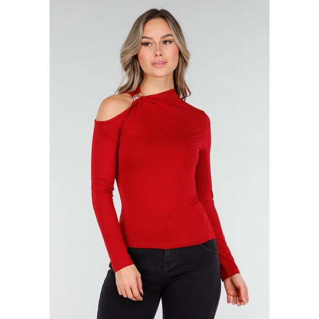 Bordeauxrotes One-Shoulder-Top mit langen Ärmeln
