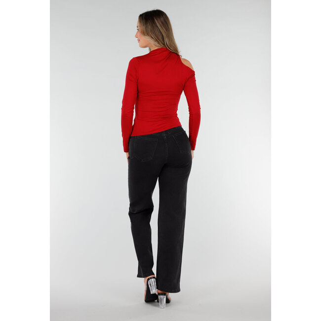 Bordeauxrotes One-Shoulder-Top mit langen Ärmeln