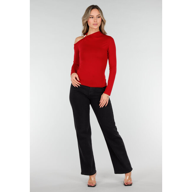 Bordeauxrotes One-Shoulder-Top mit langen Ärmeln