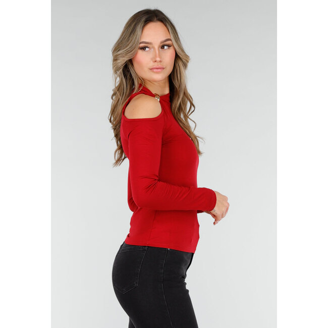 Bordeauxrotes One-Shoulder-Top mit langen Ärmeln