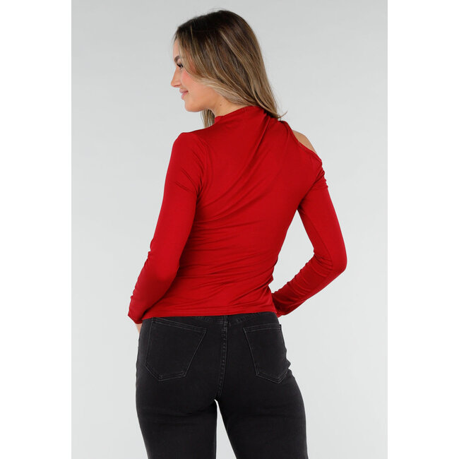 Bordeauxrotes One-Shoulder-Top mit langen Ärmeln