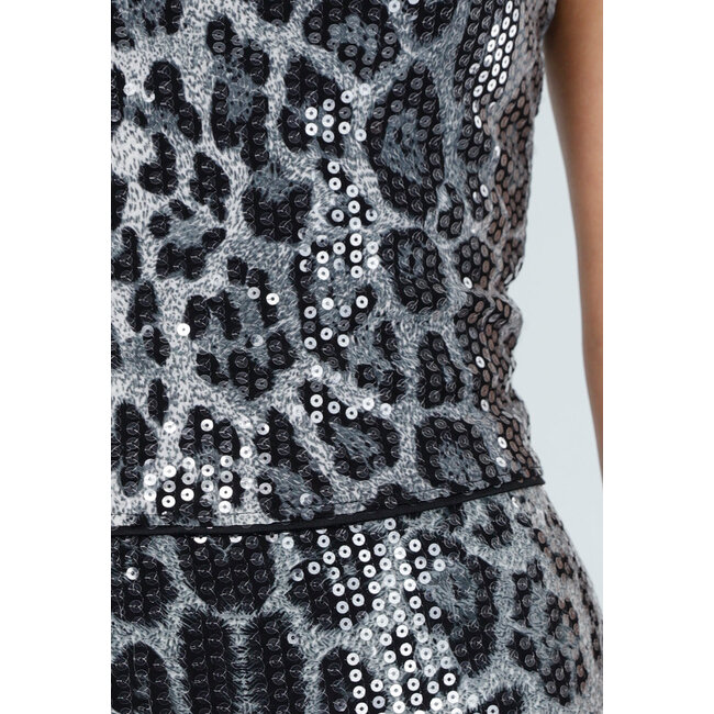 Graues, trägerloses Bandeau-Oberteil mit Pailletten, Leopardenmuster und Stretchanteil