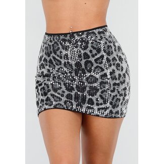 Kurzer Rock mit grauem Leopardenmuster und Pailletten