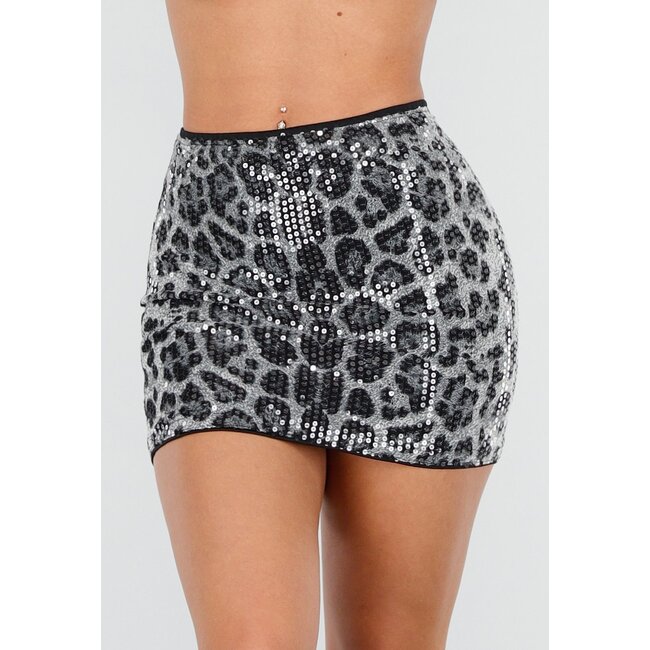 Grauer Rock mit Leopardenmuster, Pailletten und Stretchanteil