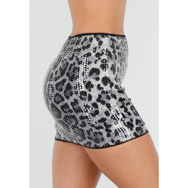 Grauer Rock mit Leopardenmuster, Pailletten und Stretchanteil