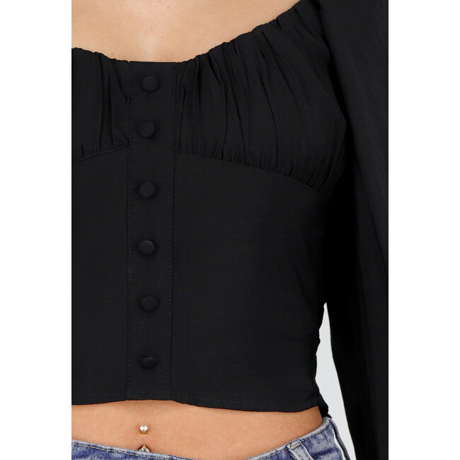 Schwarze Bluse mit langen Puffärmeln und Knöpfen