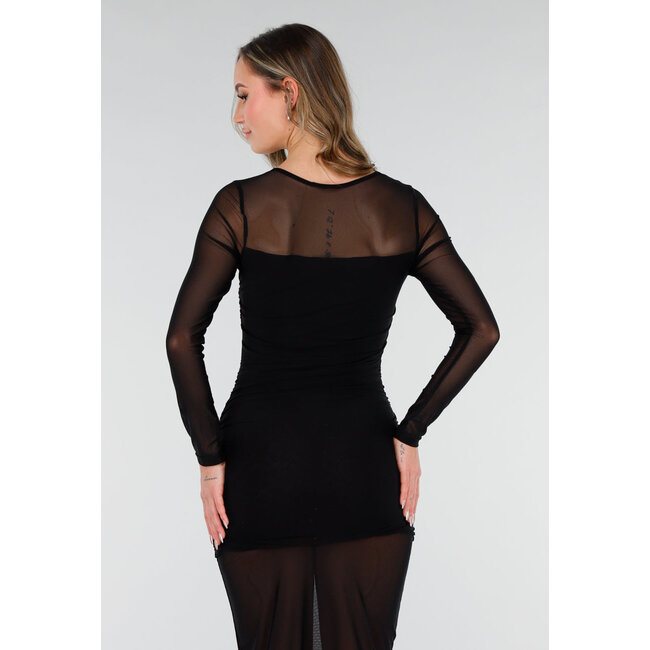 Schwarzes Mesh-Kleid mit langen Ärmeln und Stretch